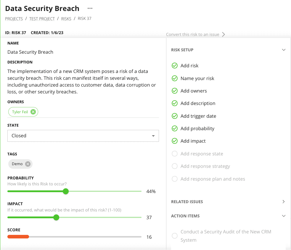 RLDC Action Items Showing Relation to Risks and Issues